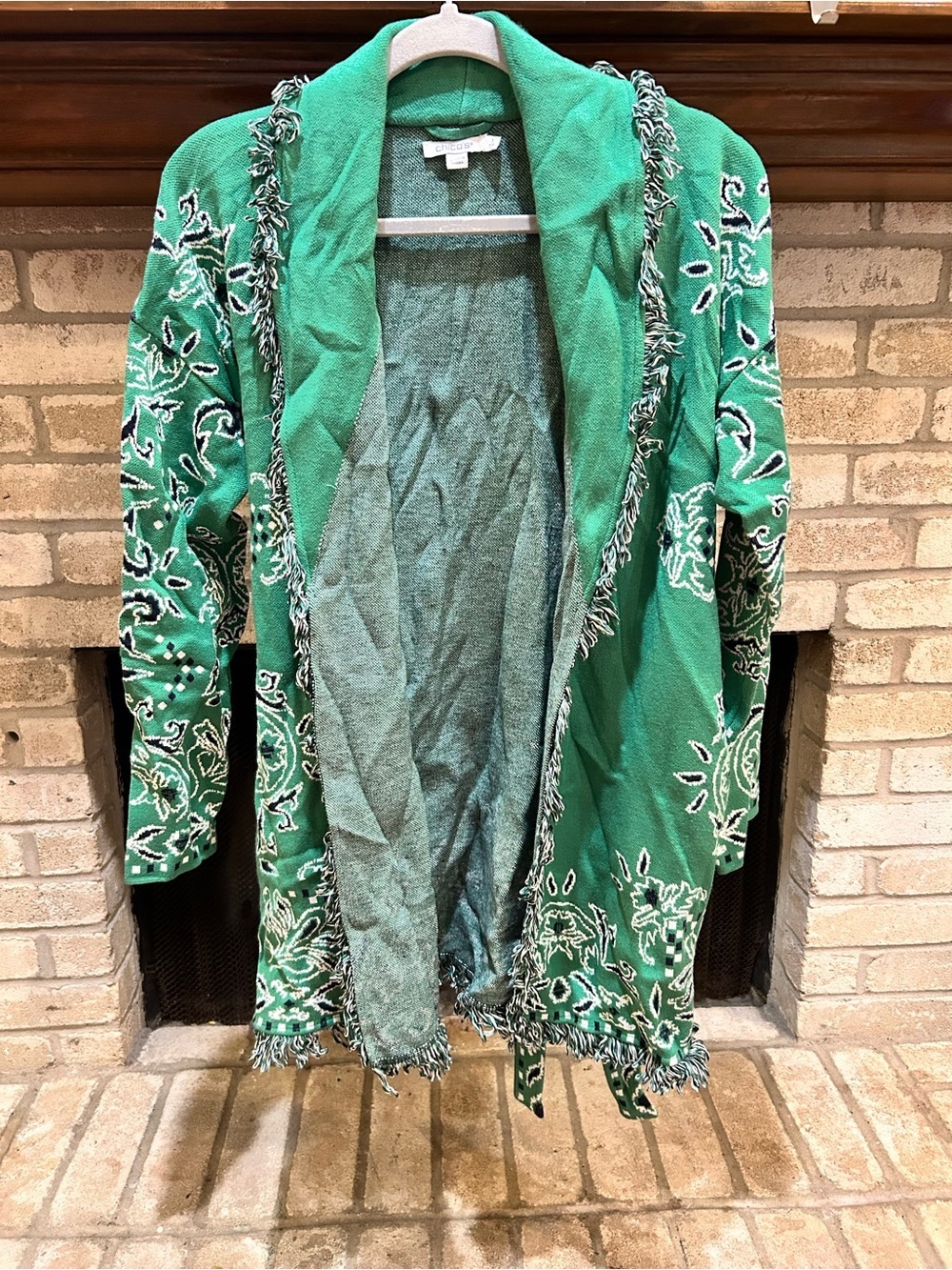 Chico's Green Open-Front Fringe Cardigan Coat EUC